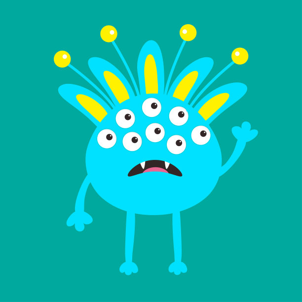 有耳朵，尖牙和角的蓝色怪物。可爱的卡通人物。宝贝收藏。万圣节快乐卡。平面设计。绿色背景。图片下载