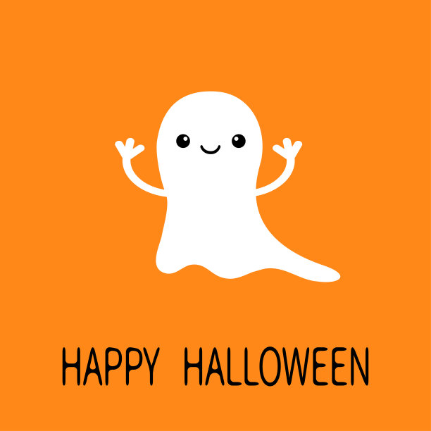 有趣的会飞的婴儿鬼。微笑的脸。万圣节快乐。贺卡。可爱的卡通人物。可怕的精神。孩子们收集。橙色背景。平面设计。图片下载