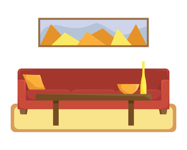 平面插图的客厅，一个红色的沙发和一个咖啡桌。图片下载