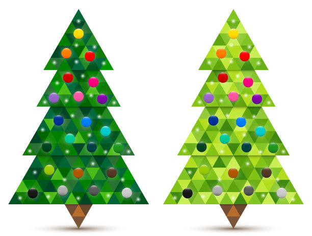 抽象的装饰针叶树与彩色的装饰物组成的三角形。两种深浅的绿色。图片下载