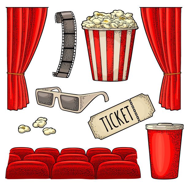 电影集。矢量雕刻复古黑色插图。图片下载