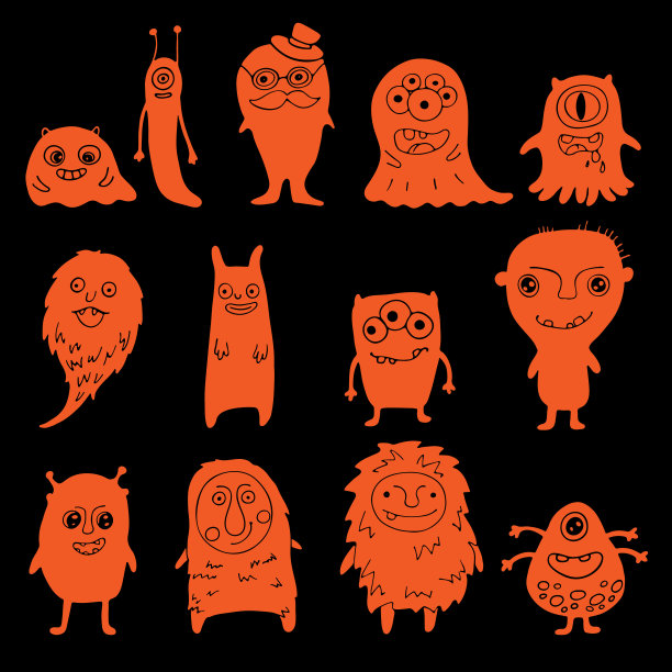一套手绘橙色怪物黑色，收集万圣节涂鸦人物图片下载