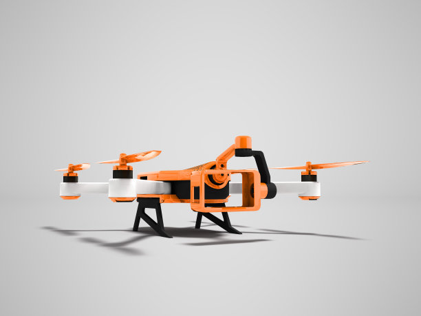现代橙色四旋翼无人机视图透视3d渲染在灰色背景与阴影图片下载