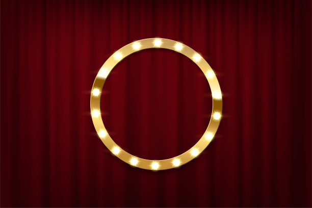 圆形灯泡框架上的红色窗帘背景。矢量设计元素。图片下载