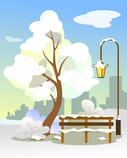 树在雪与长凳和一盏灯，与城市的剪影在后面以一种扁平的风格图片下载