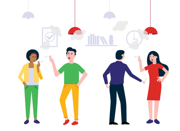 团队的同事在会议室办公室抽烟，快乐的男人和女人聊天工作矢量人物平面风格矢量插图。商业中的团队合作理念。灯和架子在后面。图片下载