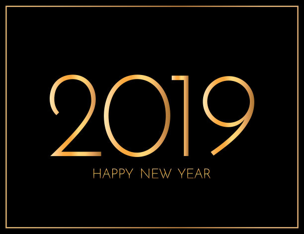 2019年新年贺卡。黑色背景上的2019金色新年标志。2019年新年快乐插画。图片下载