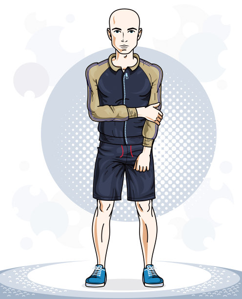 快乐的无毛青年男子站着。矢量人物穿着运动服，健康的生活方式和健身主题。图片下载