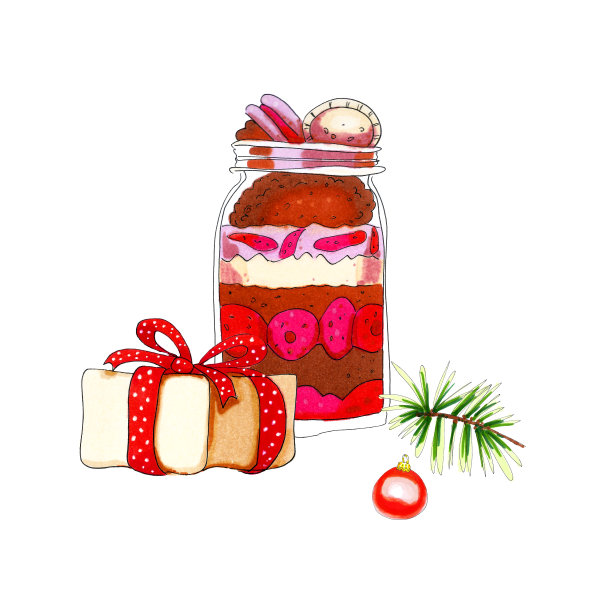 巧克力奶油层甜点，草莓和饼干在罐子与圣诞树球，礼物盒和松树枝。图片下载
