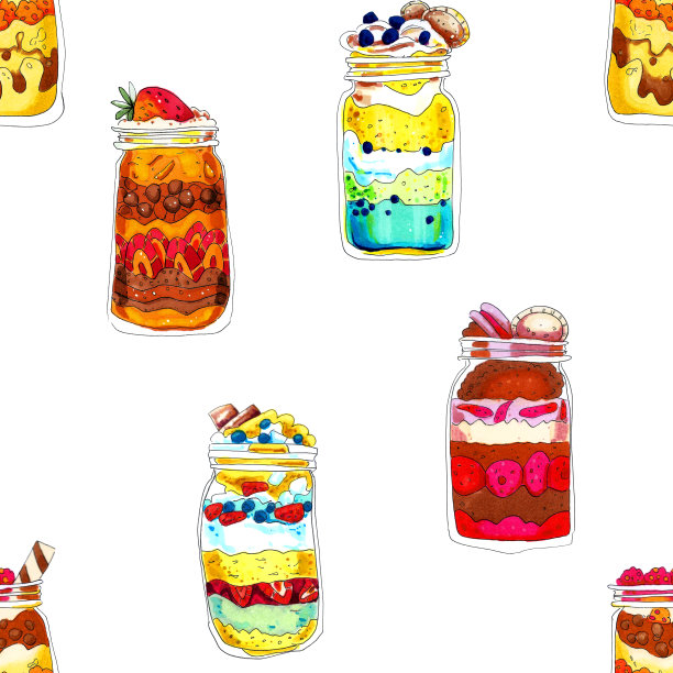 从不同的奶油层甜点与浆果和饼干在玻璃罐无缝模式。图片下载