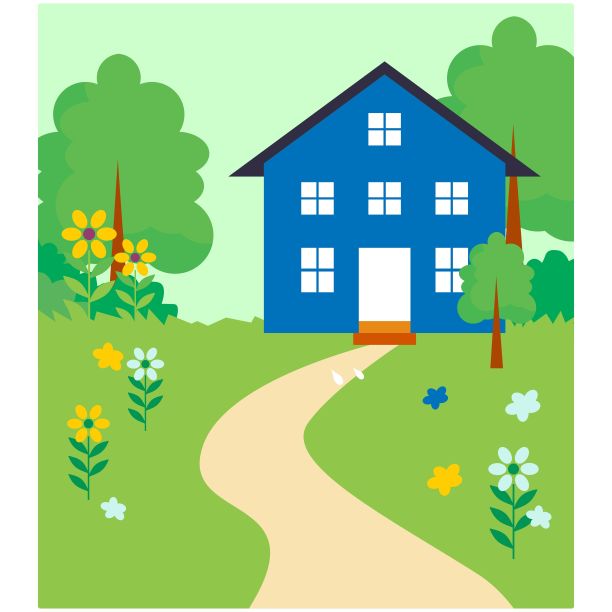 可爱而精致的青屋小径，卡通山水风光图片下载