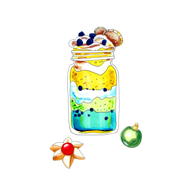 黄蓝色奶油层甜点蓝莓和饼干在玻璃罐与圣诞树球和饼干。图片下载