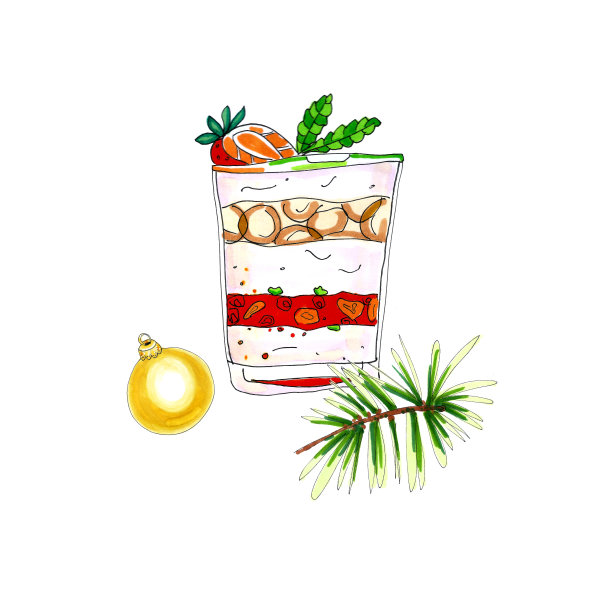 奶油层甜点，草莓和薄荷在玻璃与黄色的圣诞树球和松树枝。图片下载