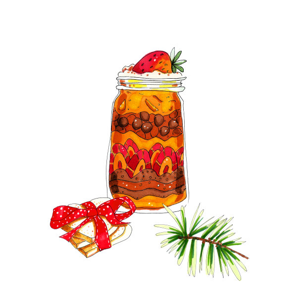 巧克力橙奶油层甜点与草莓在玻璃罐与圣诞礼物饼干和松树枝。图片下载