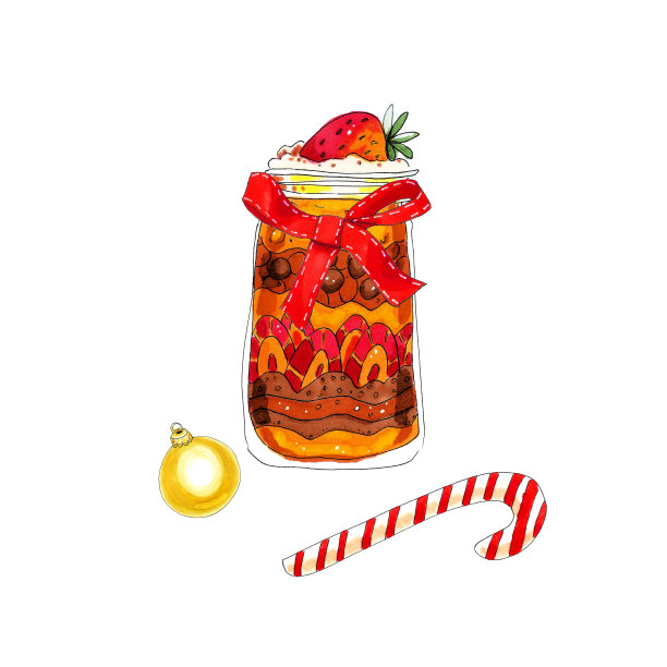 巧克力橙奶油层甜点与草莓在玻璃罐与圣诞树球和条纹糖果。图片下载