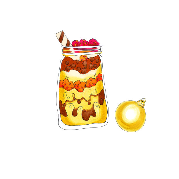 巧克力黄色奶油层甜点与树莓在罐子和圣诞树球。图片下载