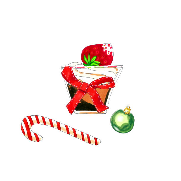 巧克力奶油层甜点，草莓玻璃，圣诞树球和条纹糖果。图片下载