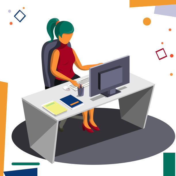 女孩在桌子上工作时，矢量商业插图。图片下载