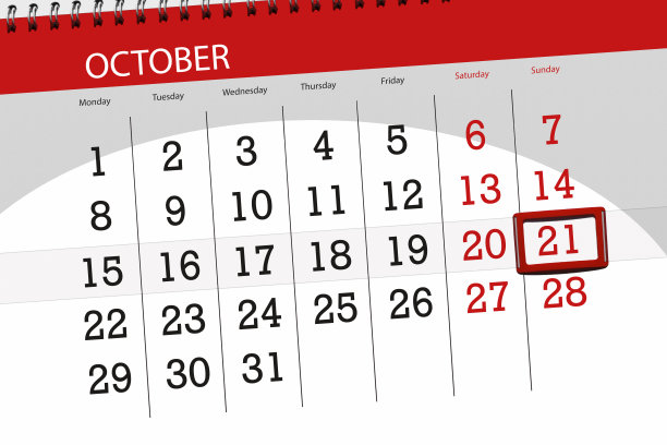 日历计划的月，截止日期2018年10月21日，周日图片下载