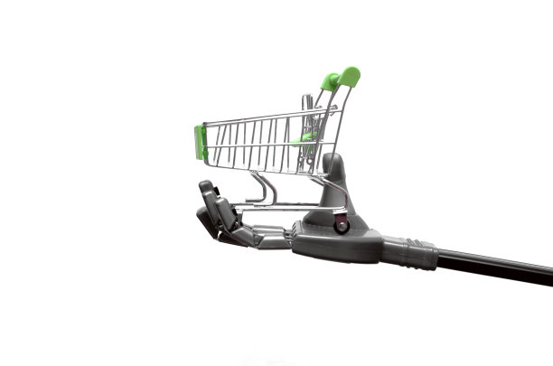 机器人手拿着购物车。图片下载