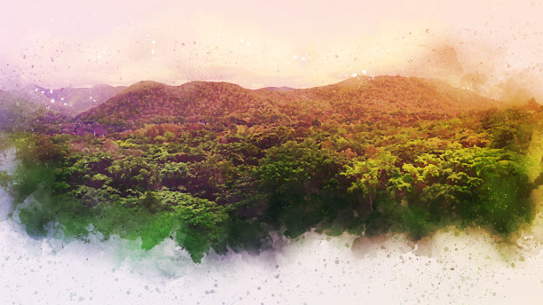 在水彩插画背景上抽象彩色山野风景。图片下载