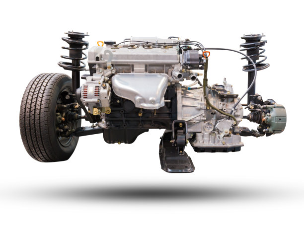 汽车发动机和车轮驱动汽车新轮胎和减震器。图片下载