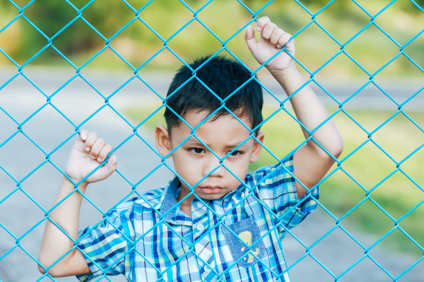 那个男孩站在篱笆后面。图片下载