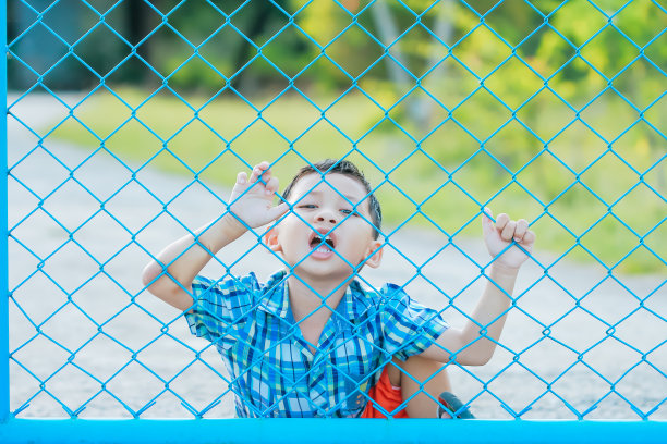 那个男孩站在篱笆后面。图片下载