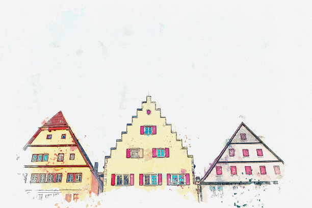 这是德国陶伯河畔罗滕堡一条美丽街道的水彩素描或插图。图片下载