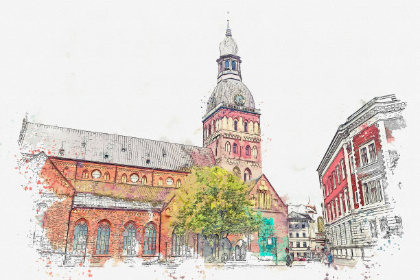 拉脱维亚里加圆顶大教堂的水彩画素描或插图。图片下载