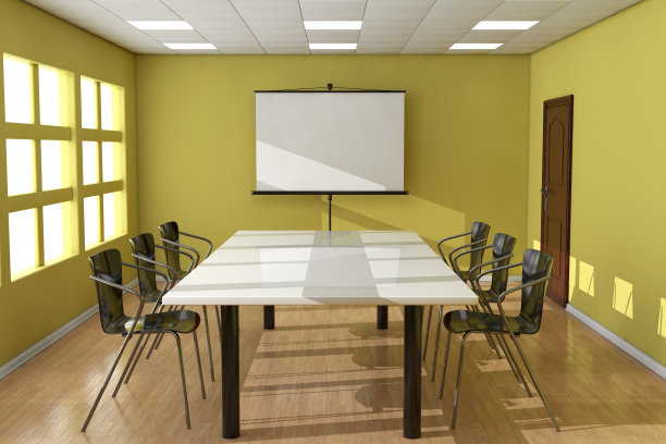 投影屏幕，桌子和椅子在办公室。3d渲染图片下载