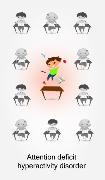 儿童注意缺陷多动障碍。矢量插图的教室。孩子们学习。灰色背景上的扁平男孩和女孩。图片下载