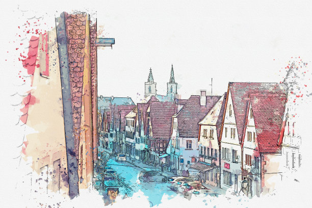 这是德国陶伯河畔罗滕堡一条美丽街道的水彩素描或插图。图片下载