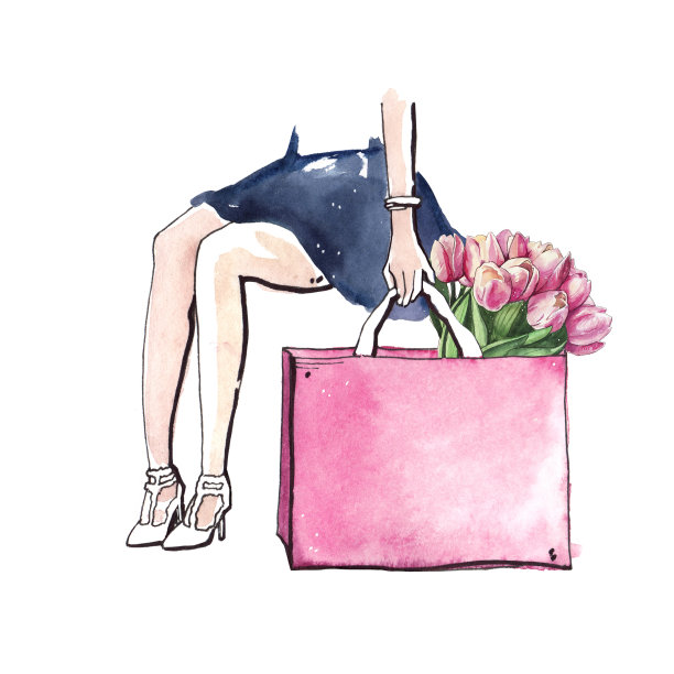 水彩手绘购物袋与郁金香和女人的腿插图图片下载