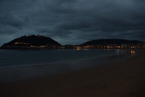 夜晚的海滩和城市的沿海地区。图片下载