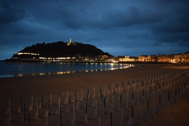 夜晚的海滩和城市的沿海地区。图片下载
