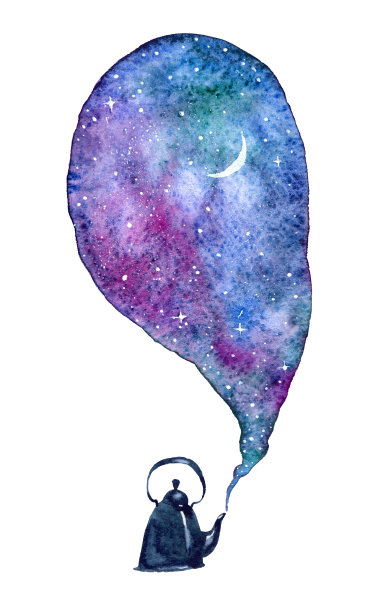 神奇的水彩壶蒸星空与月亮。插图孤立在白色背景上。图片下载