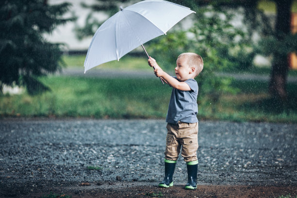 可爱的孩子在暴风雨中撑着伞图片下载