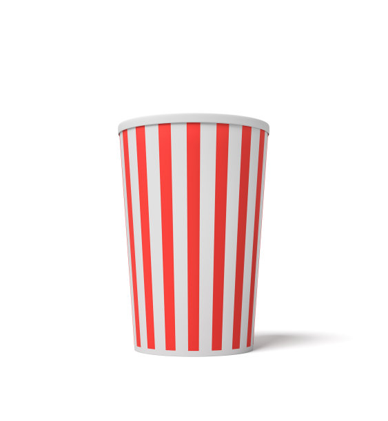 一个小的爆米花桶的3d渲染与红白条纹站在一个白色的背景上完全空。图片下载