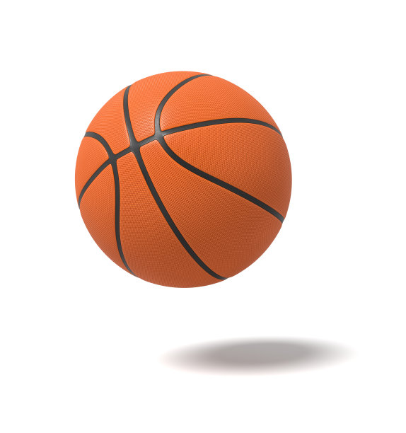一个橙色篮球的3d渲染与黑色条纹在地面上的白色背景。图片下载