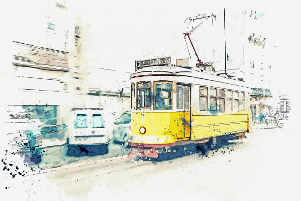 里斯本老式有轨电车的插图。图片下载