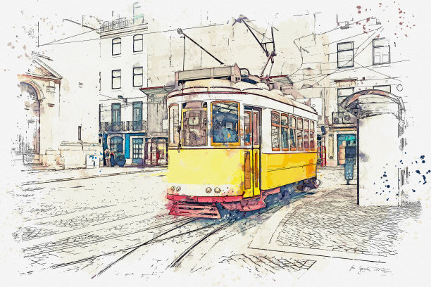 里斯本老式有轨电车的插图。图片下载