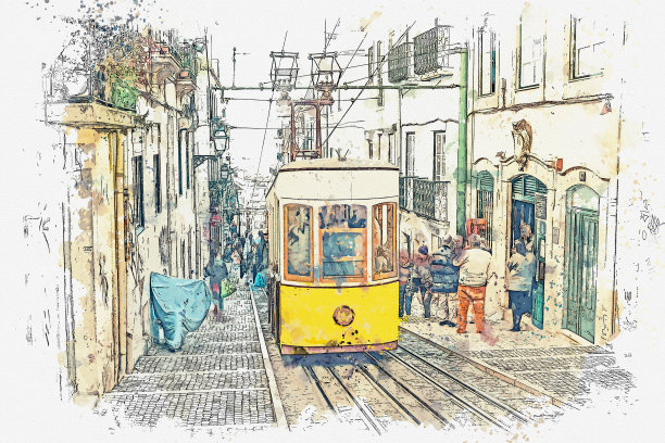 里斯本老式有轨电车的插图。图片下载