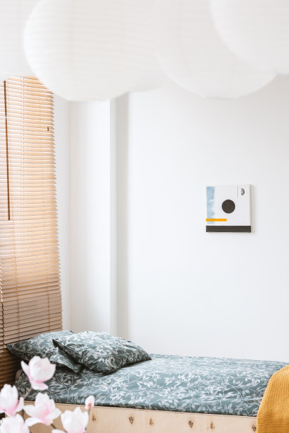 白色墙壁上的海报和简单的卧室室内的花朵，床上有图案枕头。真实的照片图片下载
