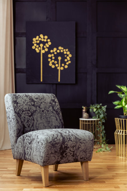 图案扶手椅在黑暗的客厅室内与植物和黑色和金色的海报。真实的照片图片下载