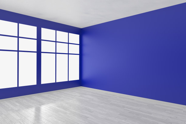 空的蓝色房间，有窗户和白色地板图片下载