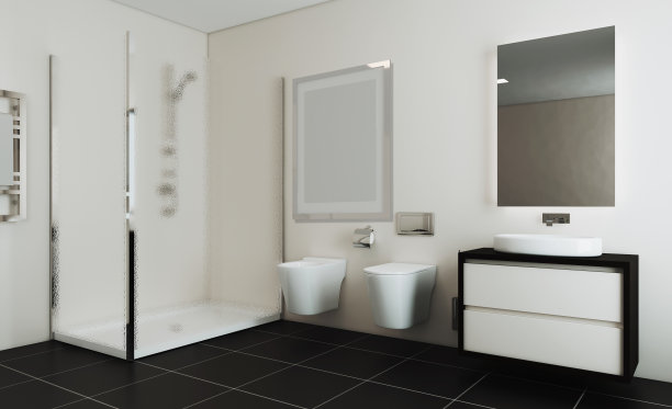 宽敞的浴室在灰色调与加热地板，独立式浴缸。3 d渲染。模型。空的绘画图片下载