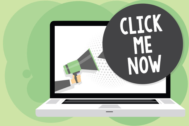 文本符号显示单击我现在。概念照片互联网帮助台按下按钮在线图标网络工作人员拿着扩音器扬声器电脑屏幕说话讲话气泡。图片下载