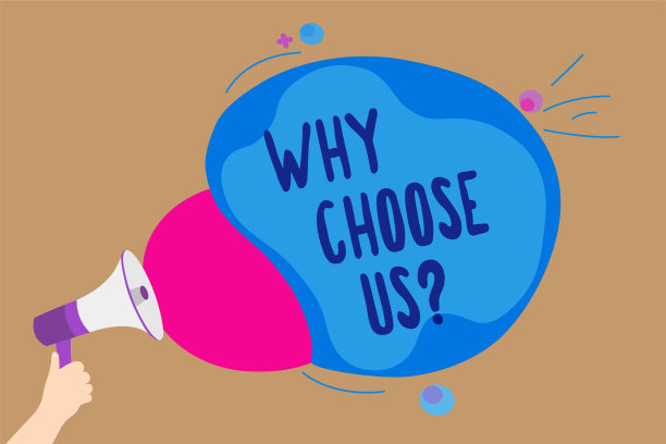 手写文本书写为什么选择我们的问题。概念含义选择我们的品牌而不是其他论点男人拿着扩音器，扩音器尖叫，谈话，多彩的演讲气泡。图片下载