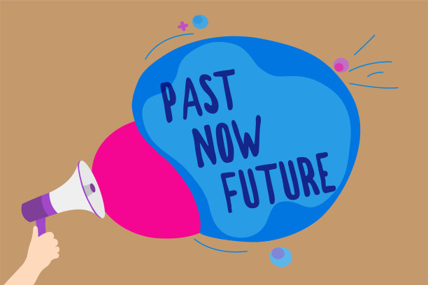书写文字书写过去现在未来。概念的意义最后一次现在Following行动命运记忆男人拿着扩音器，扩音器尖叫，说话，彩色的演讲气泡。图片下载